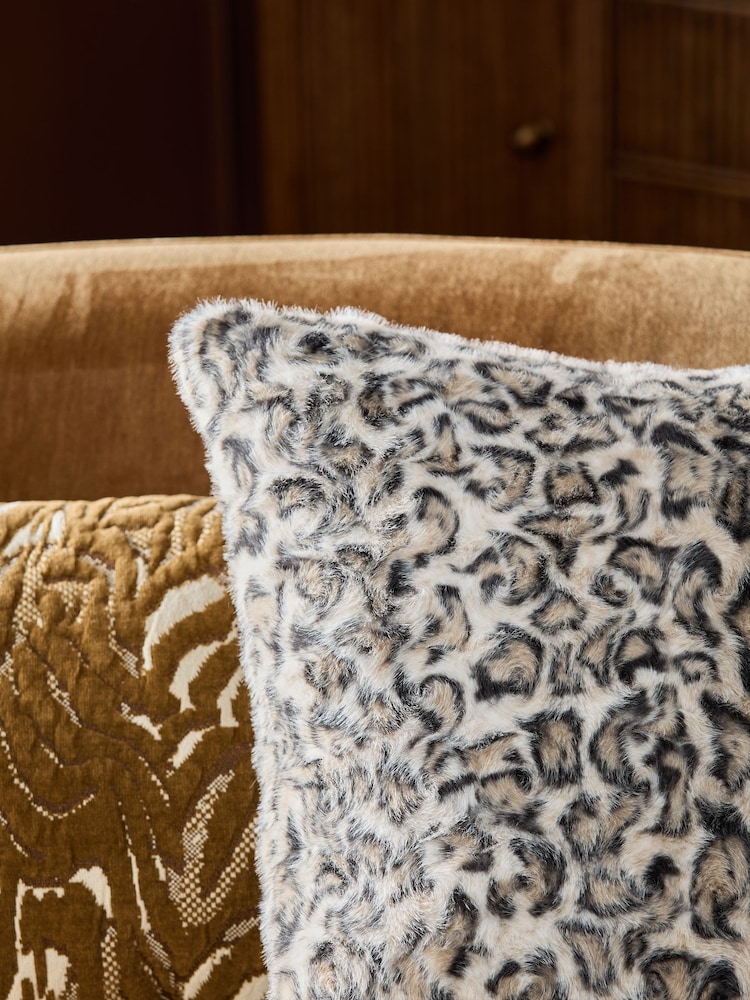 Brown Faux Fur Leopard Print Swirl Cushion - Image 2 of 4