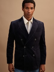 Navy Blue Regular Fit Double Breasted Corduroy Blazer - Image 2 of 12