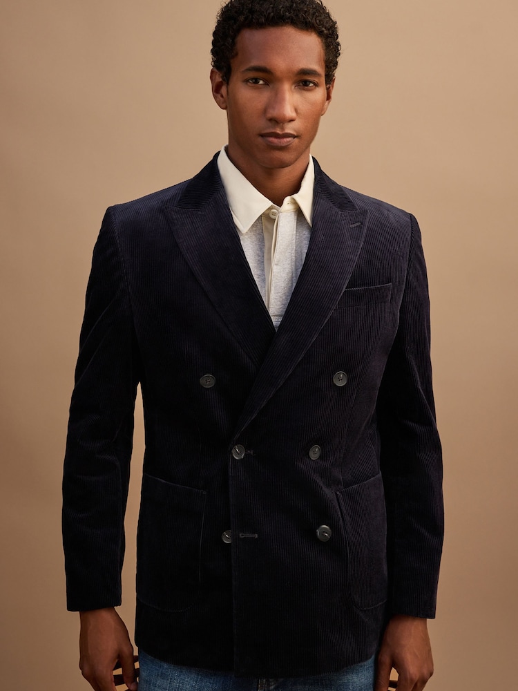 Navy Blue Regular Fit Double Breasted Corduroy Blazer - Image 2 of 12 Navy Blue Regular Fit Double Breasted Corduroy Blazer - Image 2 of 12