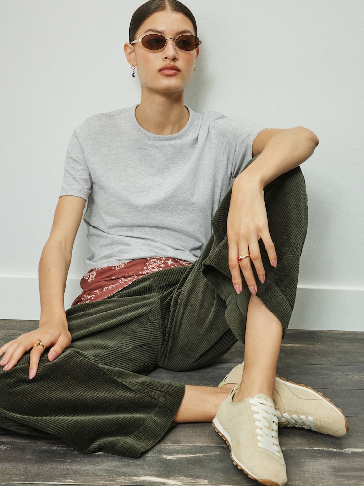 Khaki Green Wide Leg Soft Cord Trousers - Image 2 of 8 Khaki Green Wide Leg Soft Cord Trousers - Image 2 of 8