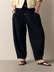 Black/Chocolate Brown Barrel Leg Linen Cotton Blend Trousers 2 Pack - Image 2 of 10