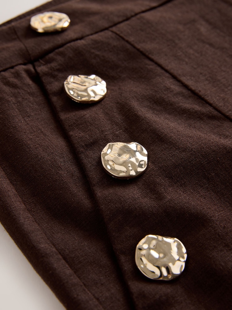 Chocolate Brown Linen Rich Wide Leg Trousers With Gold Buttons - Image 4 of 4 Chocolate Brown Linen Rich Wide Leg Trousers With Gold Buttons - Image 4 of 4
