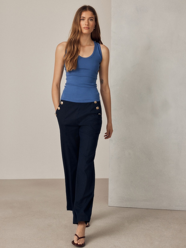 Navy Blue Linen Rich Wide Leg Trousers With Gold Buttons - Image 2 of 8