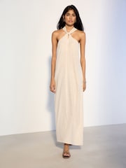 Neutral Stripe Halter Twist Neck Midi Dress - Image 1 of 5