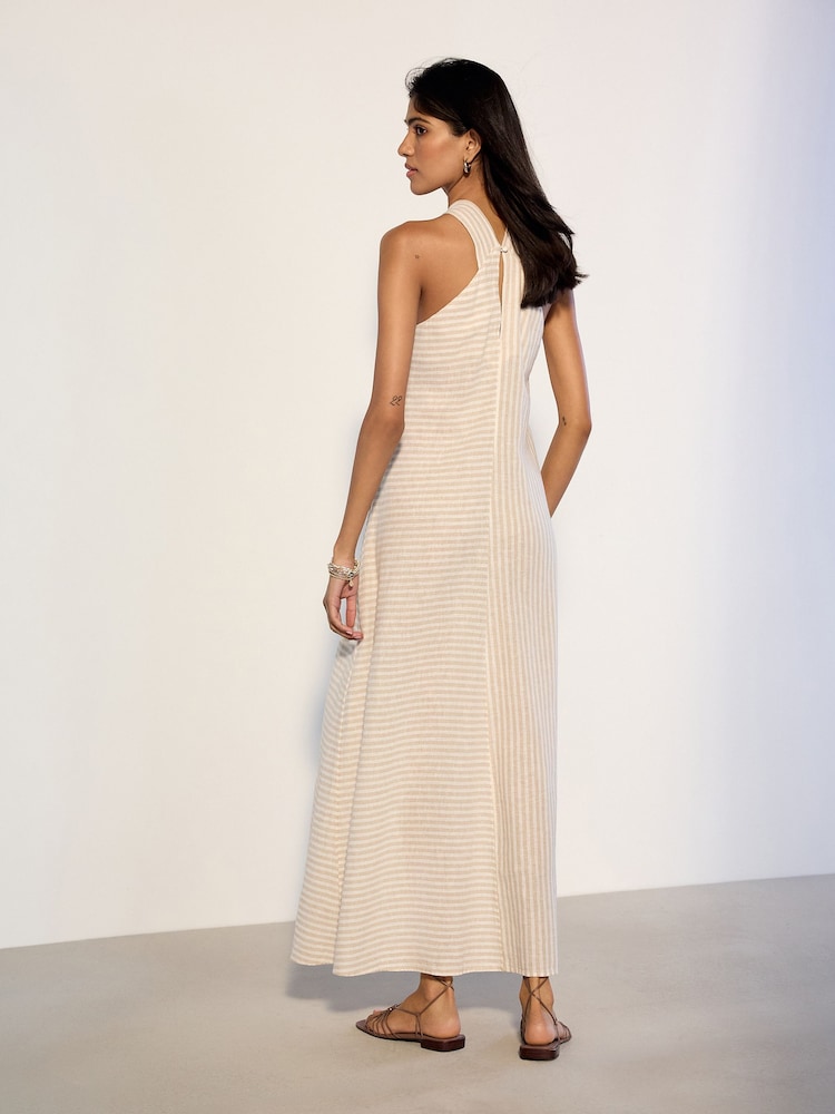 Neutral Stripe Halter Twist Neck Midi Dress - Image 2 of 5 Neutral Stripe Halter Twist Neck Midi Dress - Image 2 of 5