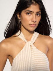 Neutral Stripe Halter Twist Neck Midi Dress - Image 4 of 5