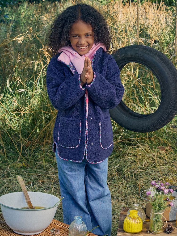 Joules Girls' Sadie Navy Longline Borg Fleece Jacket - Image 1 of 5 Joules Girls' Sadie Navy Longline Borg Fleece Jacket - Image 1 of 5