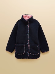 Joules Girls' Sadie Navy Longline Borg Fleece Jacket - Image 2 of 5