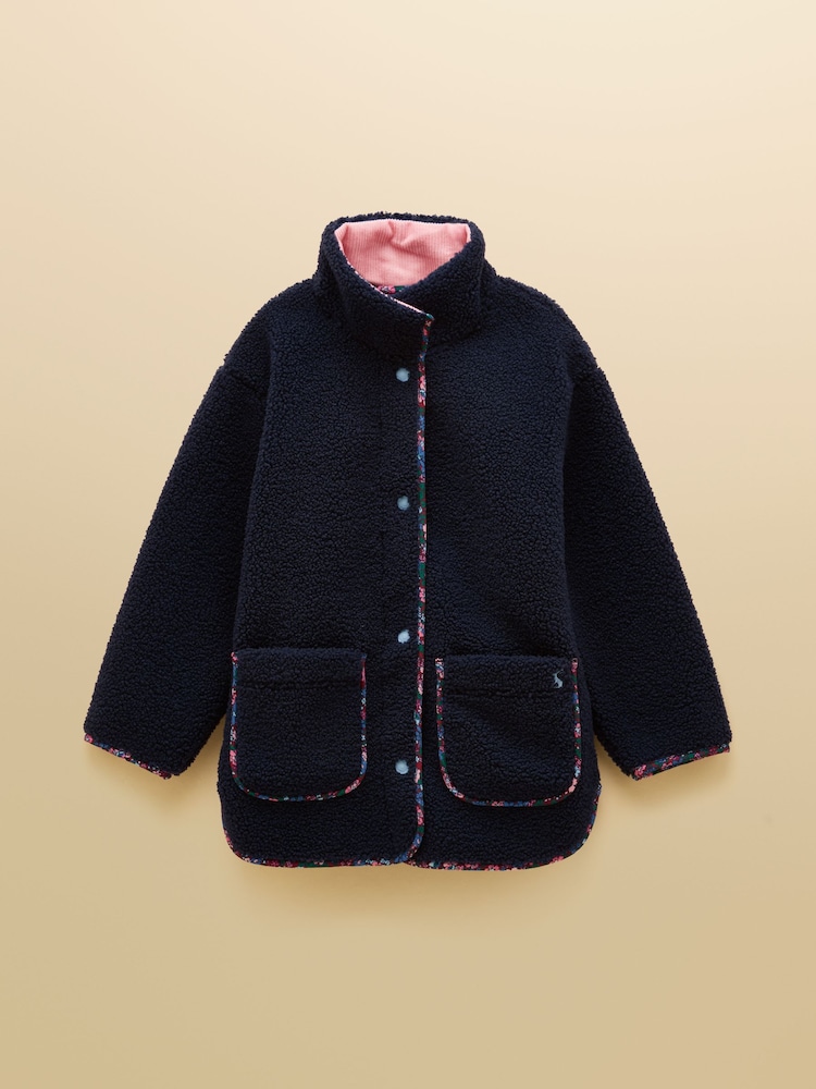 Joules Girls' Sadie Navy Longline Borg Fleece Jacket - Image 2 of 5 Joules Girls' Sadie Navy Longline Borg Fleece Jacket - Image 2 of 5