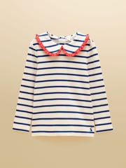 Joules Girls' Sophie Cream & Blue Long Sleeve Ribbed Collared Top - Image 1 of 4