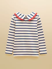 Joules Girls' Sophie Cream & Blue Long Sleeve Ribbed Collared Top - Image 2 of 4