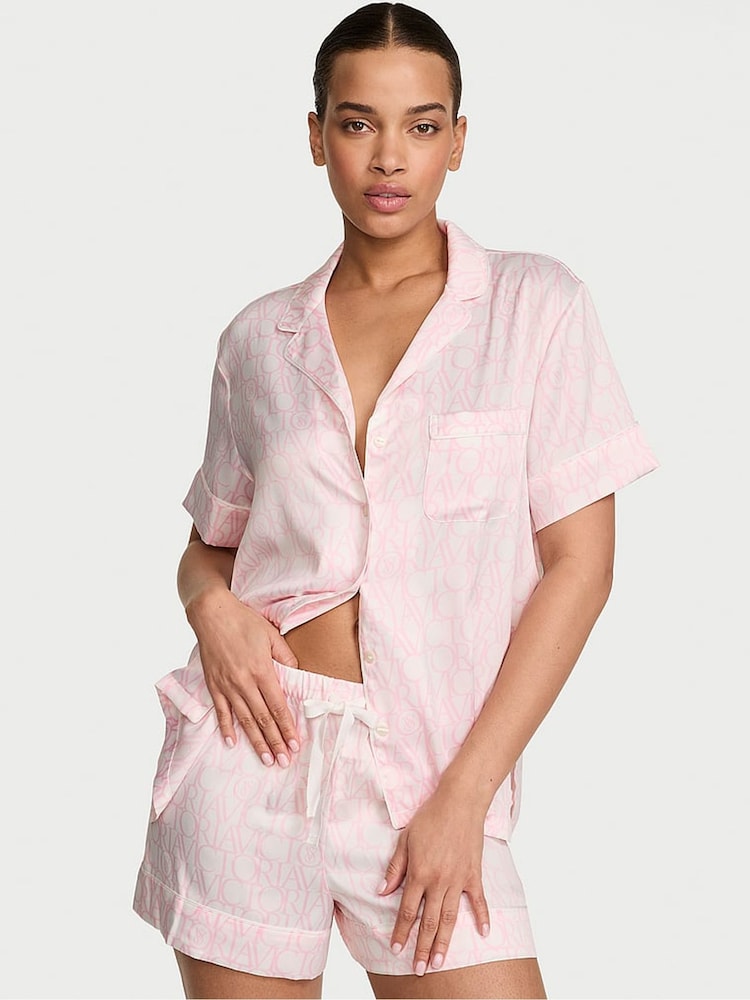 Victoria's Secret White & Pink Logo Satin Short Pyjamas Set - Image 1 of 2 Victoria's Secret White & Pink Logo Satin Short Pyjamas Set - Image 1 of 2