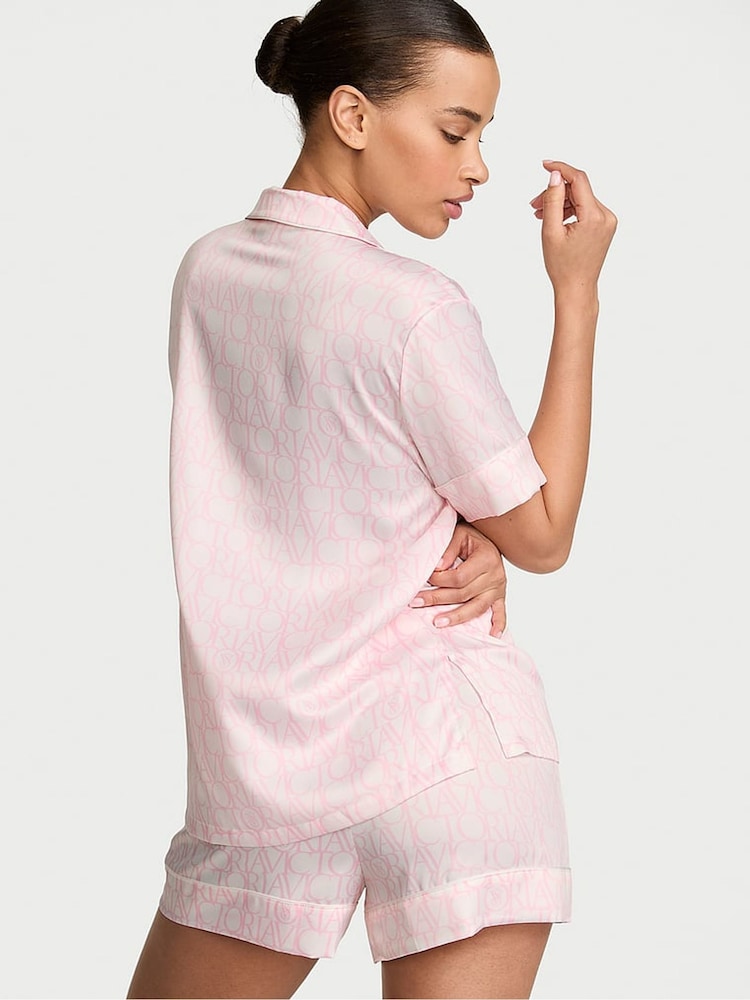 Victoria's Secret White & Pink Logo Satin Short Pyjamas Set - Image 2 of 2 Victoria's Secret White & Pink Logo Satin Short Pyjamas Set - Image 2 of 2