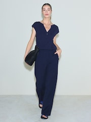Navy Blue Textured Wide Leg Trousers - Image 1 of 4