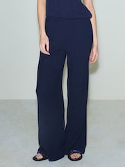Navy Blue Textured Wide Leg Trousers - Image 2 of 4