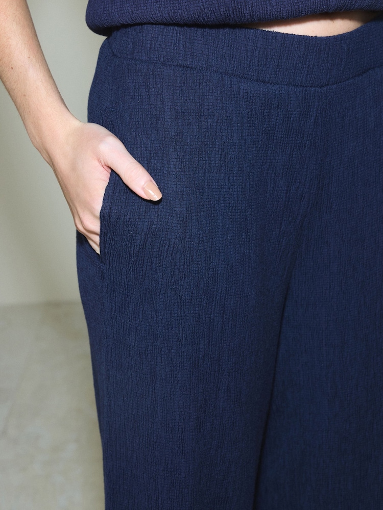 Navy Blue Textured Wide Leg Trousers - Image 4 of 4