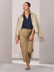 Navy Blue Short Sleeve Texture Notch Neck Bubblehem Top - Image 2 of 7