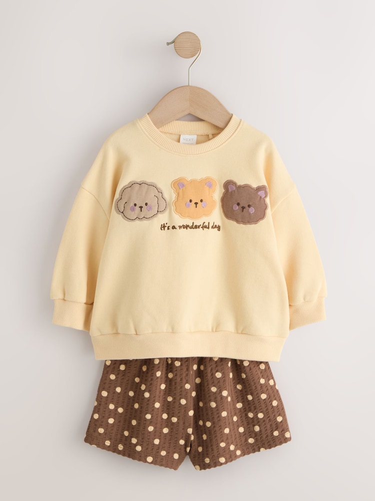 Chocolate Brown Bear Crew Neck Sweatshirt & Shorts Set (3mths-7yrs) - Image 1 of 5 Chocolate Brown Bear Crew Neck Sweatshirt & Shorts Set (3mths-7yrs) - Image 1 of 5
