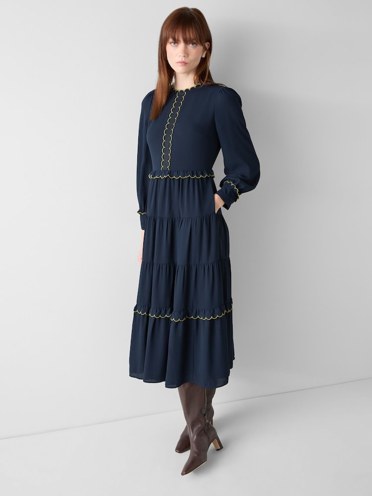 LK Bennett Navy Blue Carly Scallop Detai Tiered Dress - Image 1 of 4