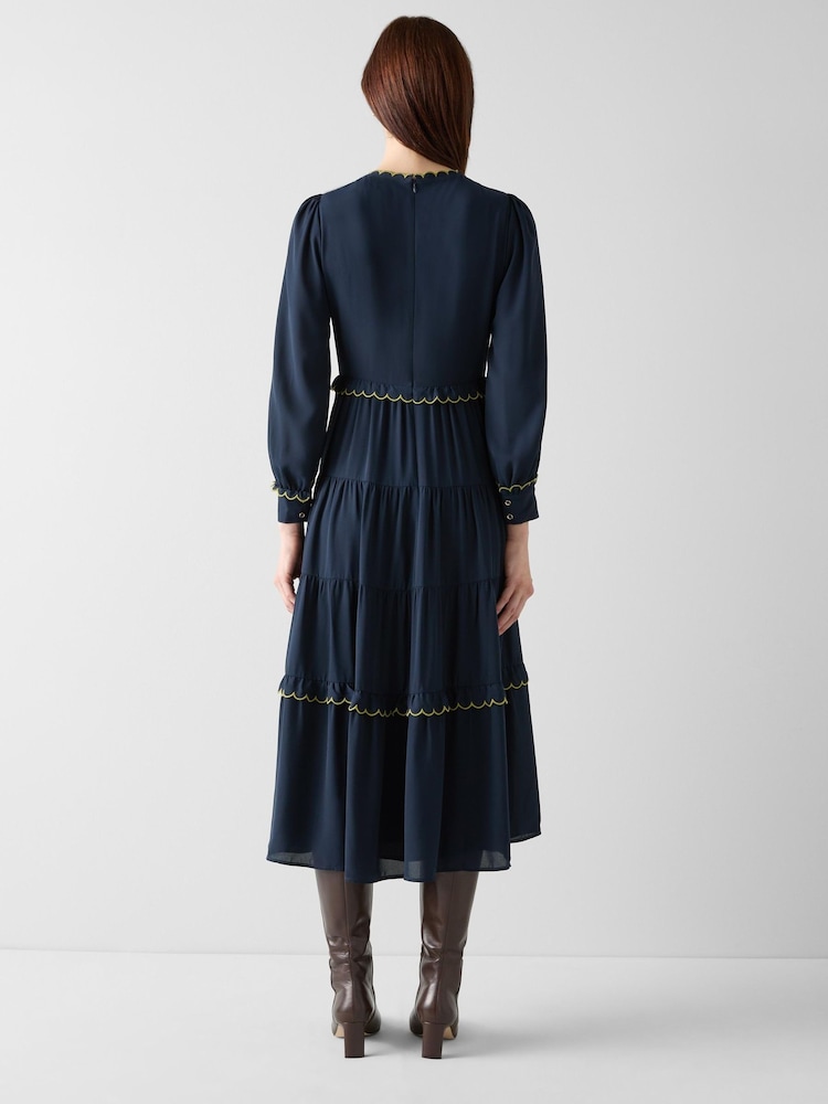 LK Bennett Navy Blue Carly Scallop Detai Tiered Dress - Image 2 of 4