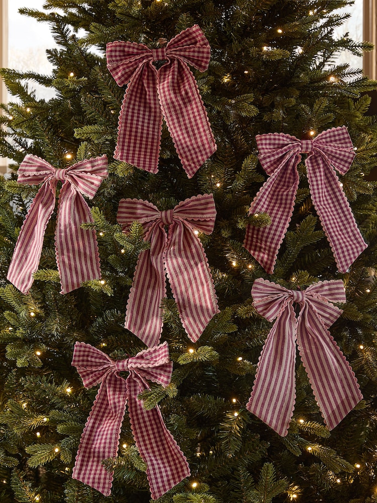 Set of 6 Red Gingham Bow Christmas Baubles - Image 1 of 3 Set of 6 Red Gingham Bow Christmas Baubles - Image 1 of 3