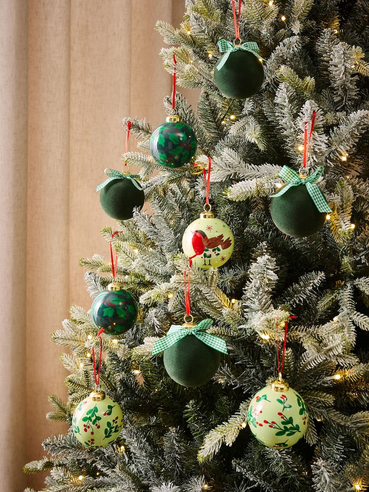 Set of 9 Green Robin Foliage Christmas Baubles - Image 1 of 5 Set of 9 Green Robin Foliage Christmas Baubles - Image 1 of 5