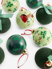 Set of 9 Green Robin Foliage Christmas Baubles - Image 3 of 5
