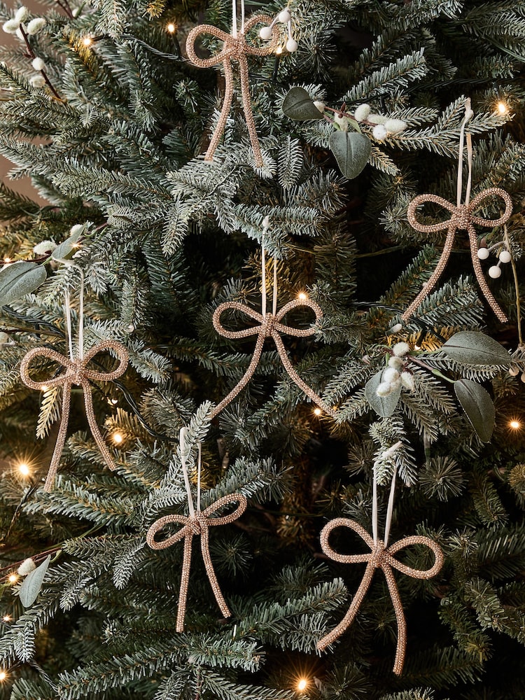 Set of 6 Champagne Beaded Bow Christmas Baubles - Image 1 of 3 Set of 6 Champagne Beaded Bow Christmas Baubles - Image 1 of 3