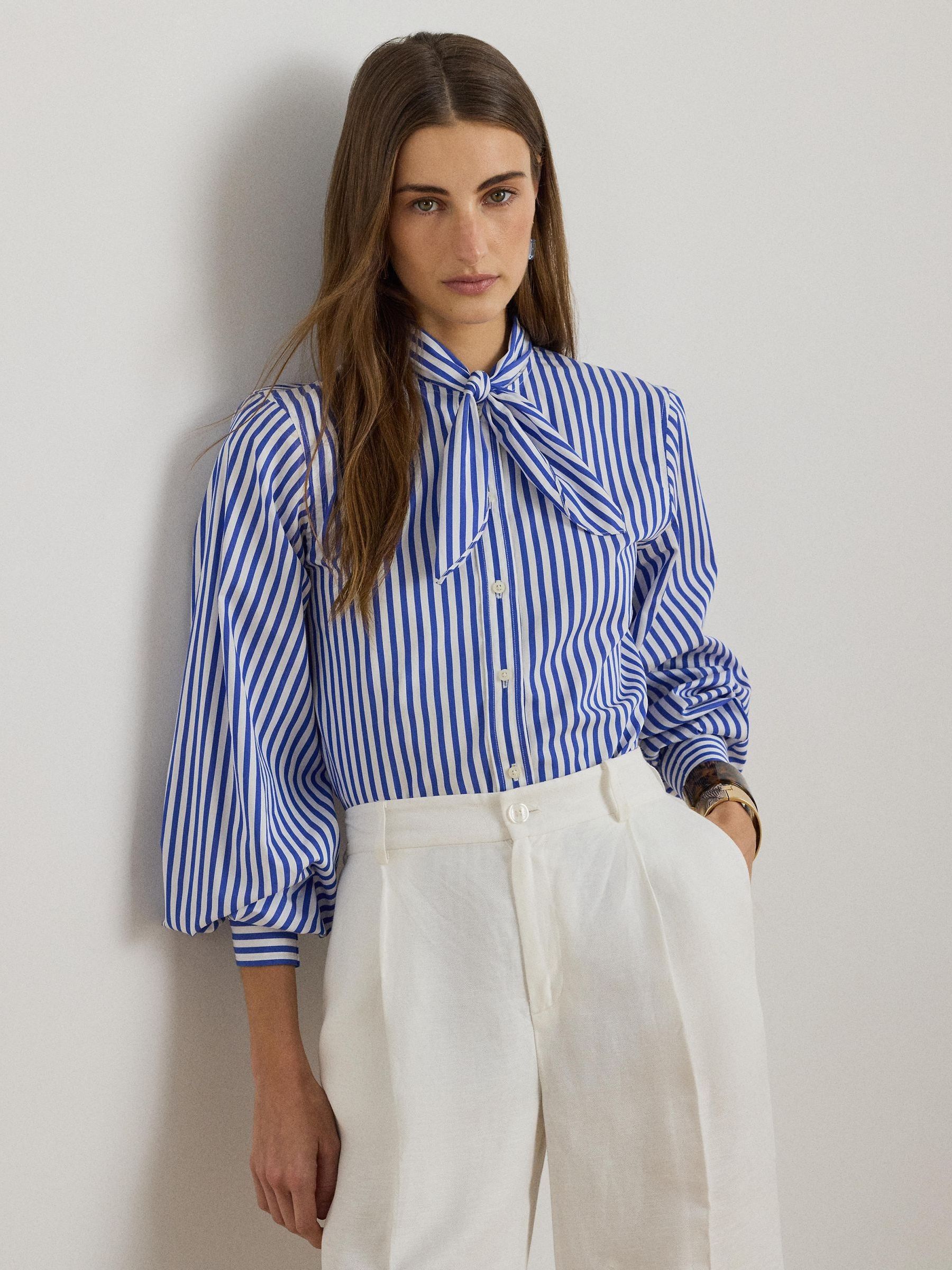 Buy Lauren Ralph Lauren Blue Striped Cotton Broadcloth Tie-Neck
