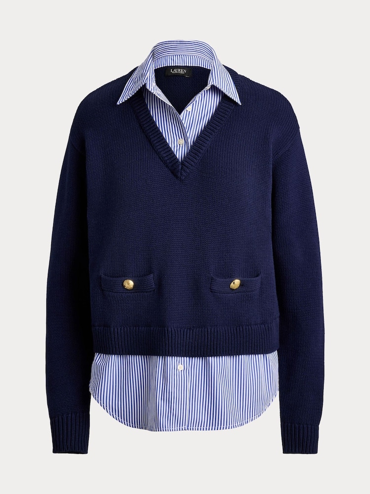 Lauren Ralph Lauren Blue Layered Button-Trim Cotton Jumper - Image 9 of 9