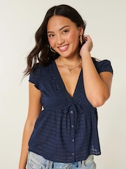 Hollister Blue Short Sleeve Embroidered Boho Babydoll Top - Image 1 of 5