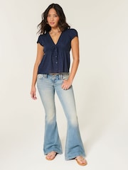 Hollister Blue Short Sleeve Embroidered Boho Babydoll Top - Image 3 of 5