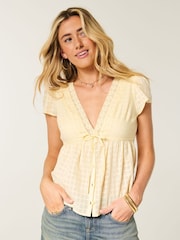 Hollister Yellow Short Sleeve Embroidered Boho Babydoll Top - Image 1 of 5