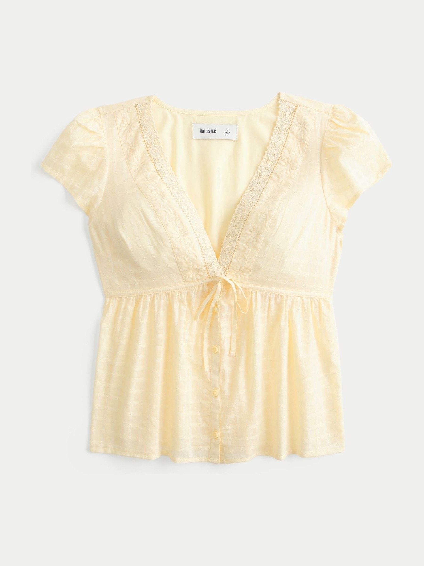 Buy Hollister Yellow Short Sleeve Embroidered Boho Babydoll Top