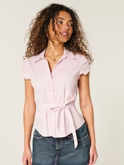 Hollister Pink Short-Sleeve Bow Belt Shirt - Image 1 of 4