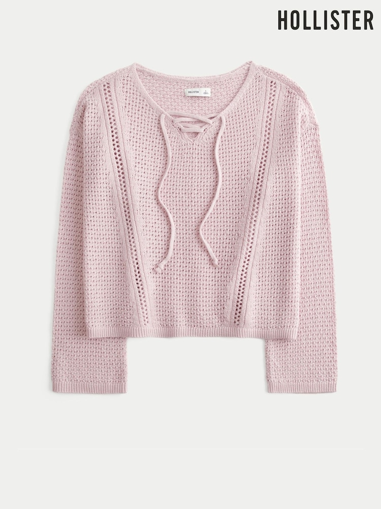 Hollister Pink Boho Knitted Long Sleeve Sweater Top - Image 1 of 3 Hollister Pink Boho Knitted Long Sleeve Sweater Top - Image 1 of 3