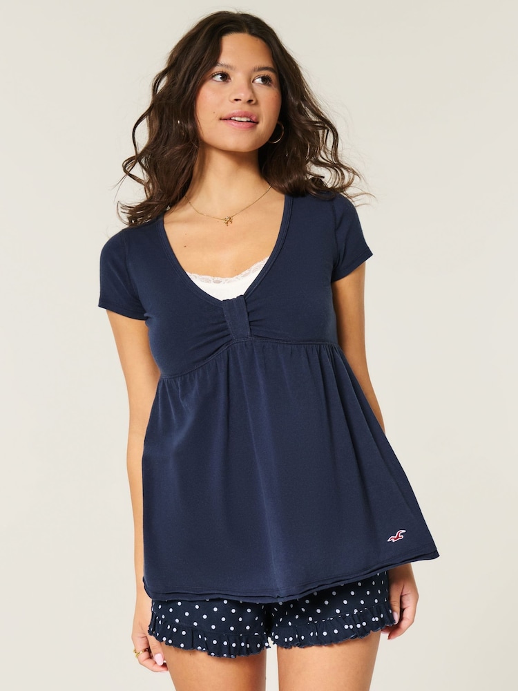 أزرق - Hollister Babydoll Short Sleeve Top - Image 1 of 3