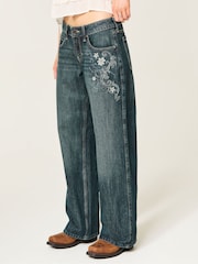 Hollister Blue Low-Rise Dark Wash Floral Embroidery Baggy Jeans - Image 1 of 5