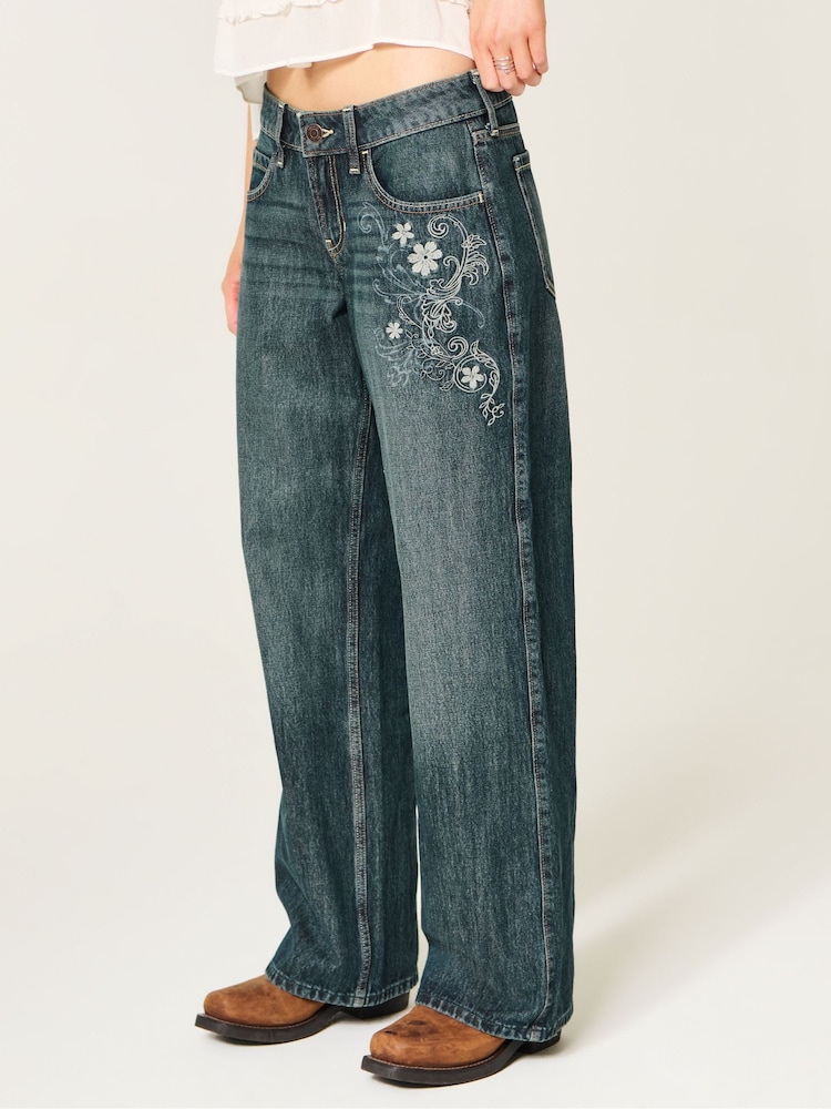 Hollister Blue Low-Rise Dark Wash Floral Embroidery Baggy Jeans - Image 1 of 5 Hollister Blue Low-Rise Dark Wash Floral Embroidery Baggy Jeans - Image 1 of 5