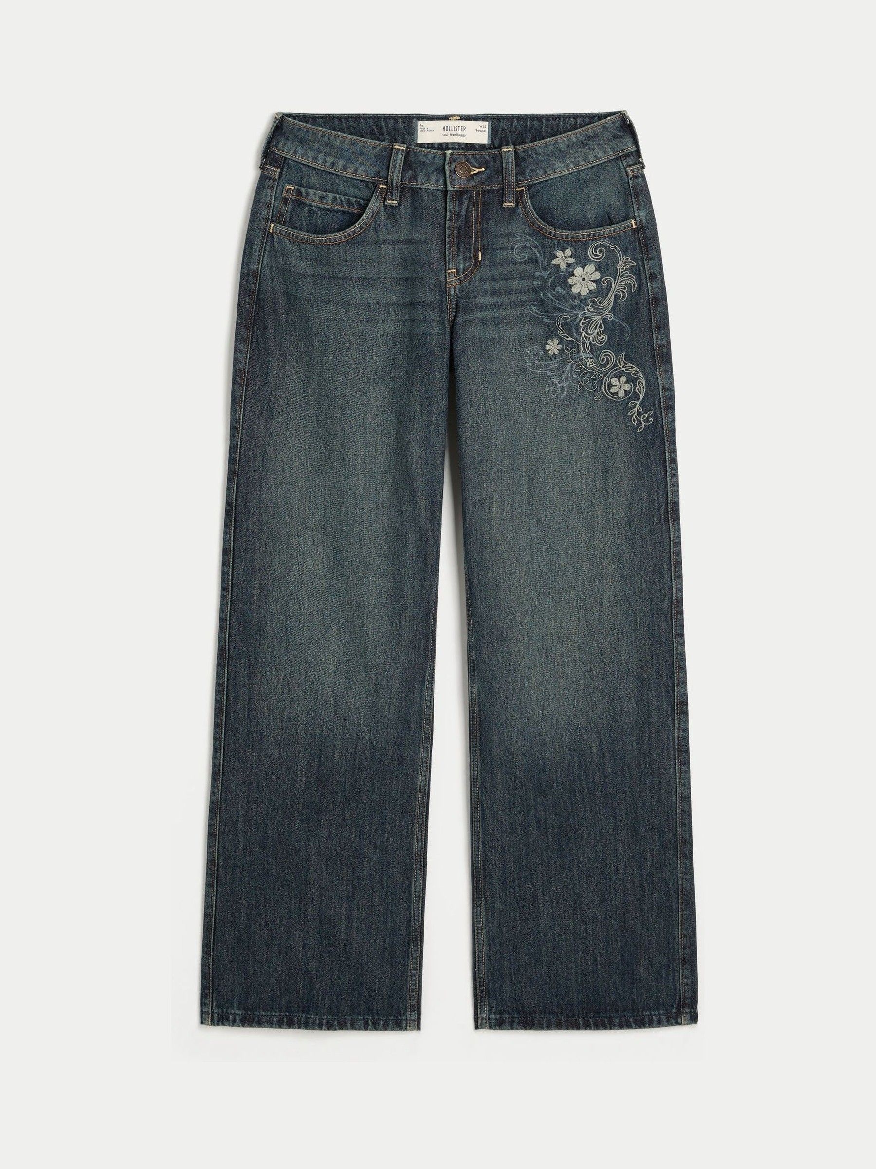 Buy Hollister Blue Low-Rise Floral Embroidery Baggy Jeans from