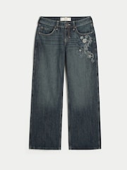 Hollister Blue Low-Rise Dark Wash Floral Embroidery Baggy Jeans - Image 4 of 5