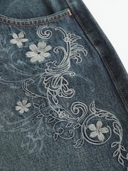 Hollister Blue Low-Rise Dark Wash Floral Embroidery Baggy Jeans - Image 5 of 5