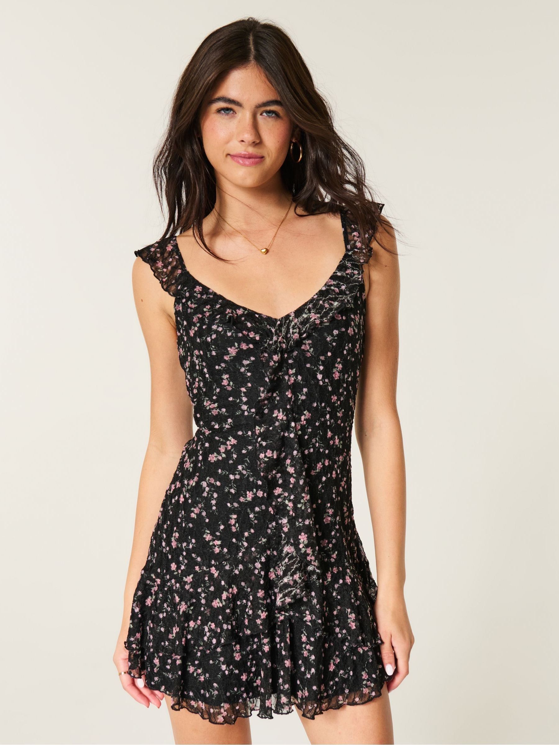 Hollister Lace Ruffle Mini Dress in Black floral