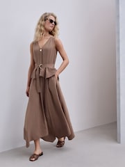 بني - فستان متوسط الطول بياقة حرف V 2 باللون 1 وحاشية متدلية - صورة 2 من 8