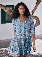 Blue Scarf Print Short Sleeve Button Through Tiered Mini Dress with Linen - Image 1 of 8