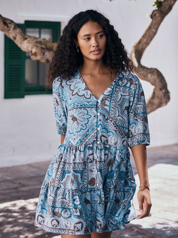 Blue Scarf Print Short Sleeve Button Through Tiered Mini Dress with Linen - Image 1 of 8