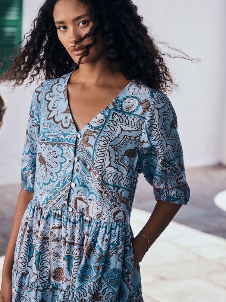 Blue Scarf Print Short Sleeve Button Through Tiered Mini Dress with Linen - Image 2 of 8