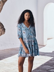 Blue Scarf Print Short Sleeve Button Through Tiered Mini Dress with Linen - Image 3 of 8