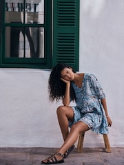 Blue Scarf Print Short Sleeve Button Through Tiered Mini Dress with Linen - Image 4 of 8