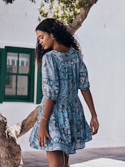 Blue Scarf Print Short Sleeve Button Through Tiered Mini Dress with Linen - Image 5 of 8